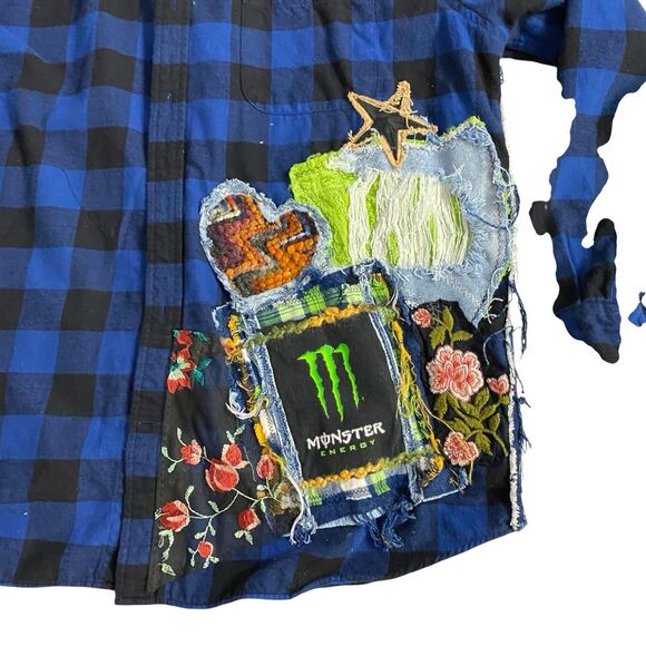Upcycled Flannel Shirt Shacket Womens 1X Monster Grunge Patchwork Folk Art - Picture 7 of 16